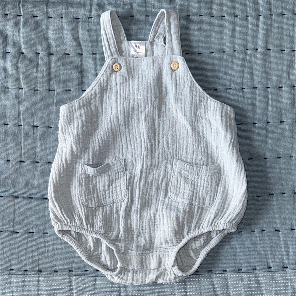 H&M Pale Blue Textured Cotton Romper with Pockets